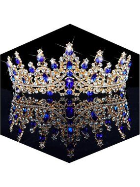 Women Blue Crystal Bridal Tiara Crown Royal Princess Headband For Wedding Prom